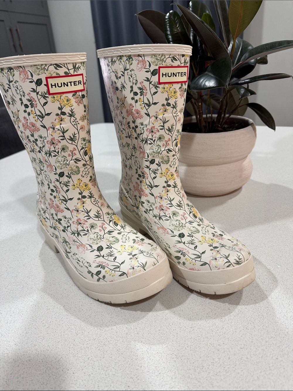 Hunter Liberty Floral Rain Boots with Pink and Yellow Blossoms
